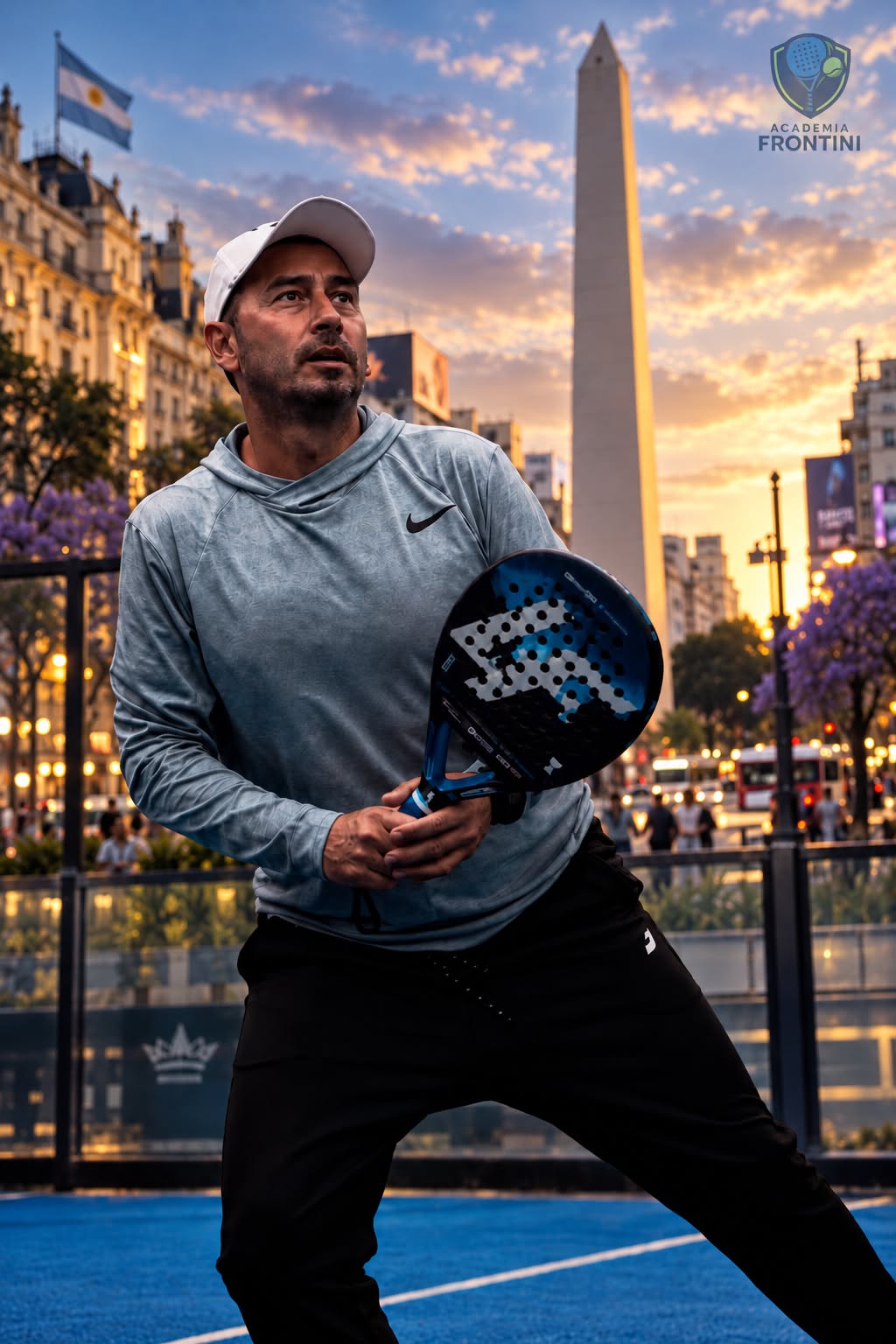 Nicolás Frontini holding a padel racket with the Buenos Aires Obelisk in the background